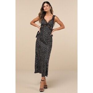 Lulus Darling Reputation Black Polka Dot Lace Sleeveless Midi Dress - Size M